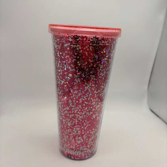 Dunkin Donuts I Love Dunkin Heart Glitter Coffee Cup Missing Straw Pink 24 oz - Picture 12 of 16
